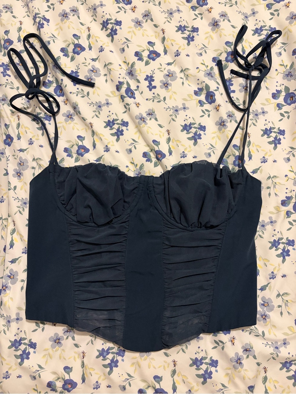 White Fox Boutique Navy Tie-Strap Ruched Bustier Top